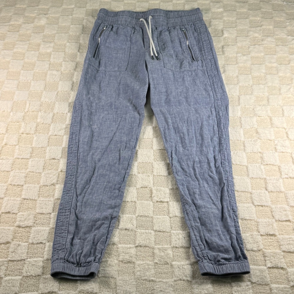 Athleta Wmn's Linen Blend Joggers Drawstring Waist Casual Pants Zip Pockets Blue
